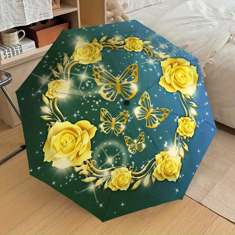 

1pc Butterfly Roses Umbrella - Portable Folding Umbrella with Durable Iron Frame, 8 Ribs, Automatic Open, High-Quality Design