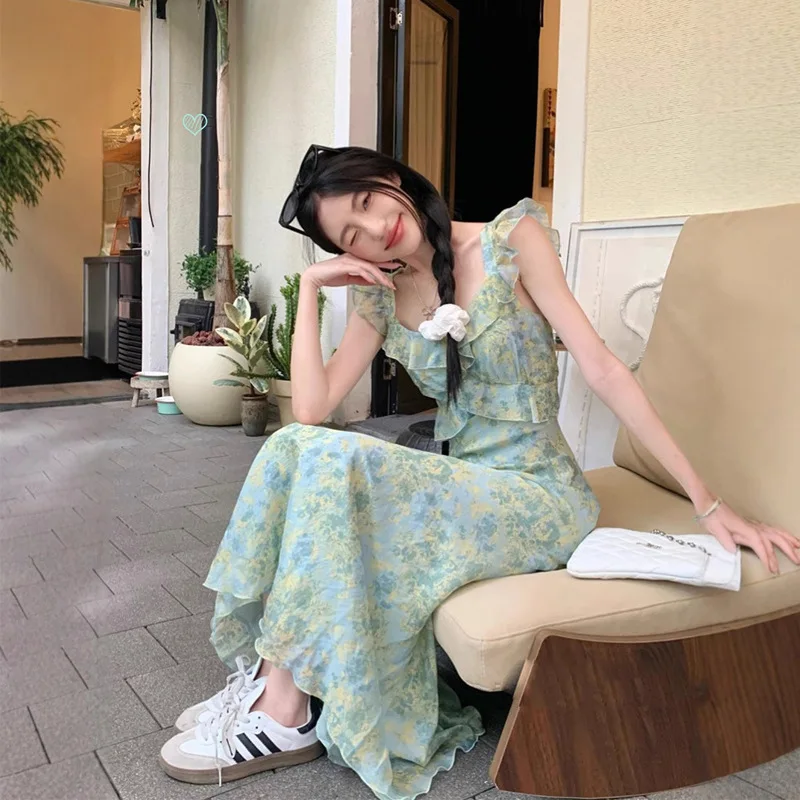Tea Break French Floral Suspender Dress Women's Summer 2025 New Slim Fit Seaside Vacation Beach Long Dress