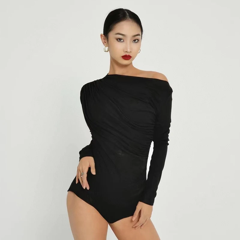 Slant Shoulder Latin Dance Tops Women Adult Rumba Dance Clothes Long Sleeves Bodysuit Cha Cha Ballroom Dance Practice Wear 18370