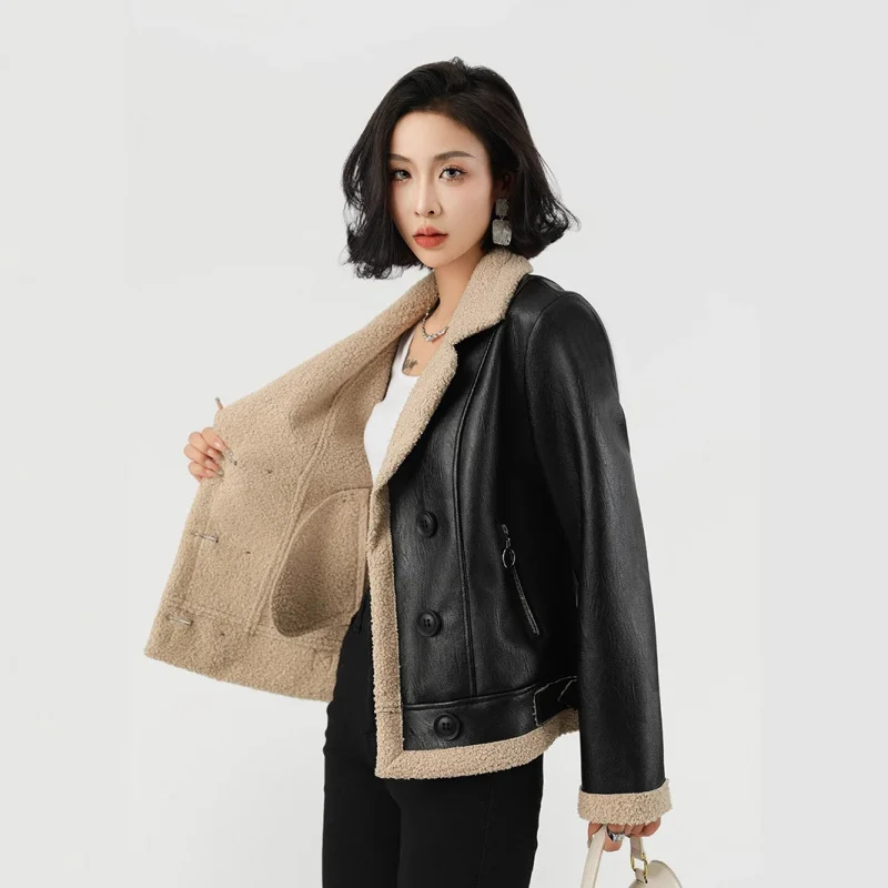Casaco de couro grosso forrado de lã casaco feminino inverno senhora casaco de pele de couro feminino