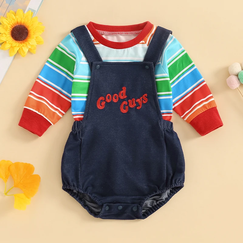 

Toddler Girls 2 Piece Outfit Rainbow Stripe Long Sleeve Tops and Letter Print Overalls Shorts Romper Cute Costume Set