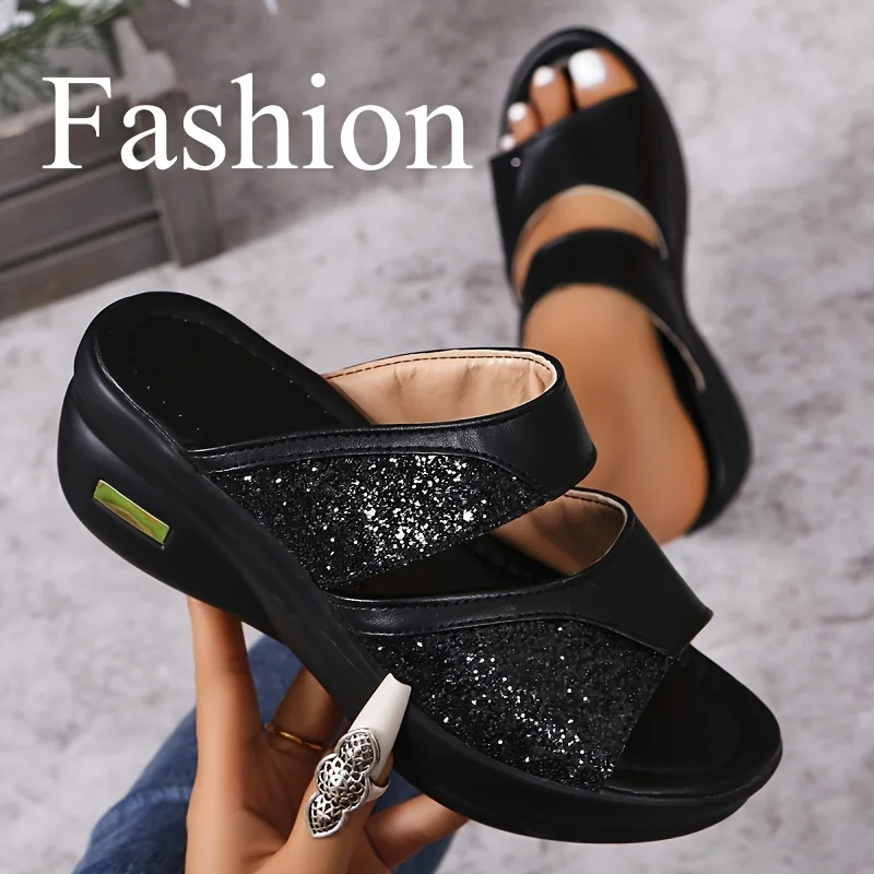 Letnie złote sandały z odkrytymi palcami brokatowe koturny buty damskie na co dzień slide buty Slingbacks sandały wygodne platformy dla kobiety