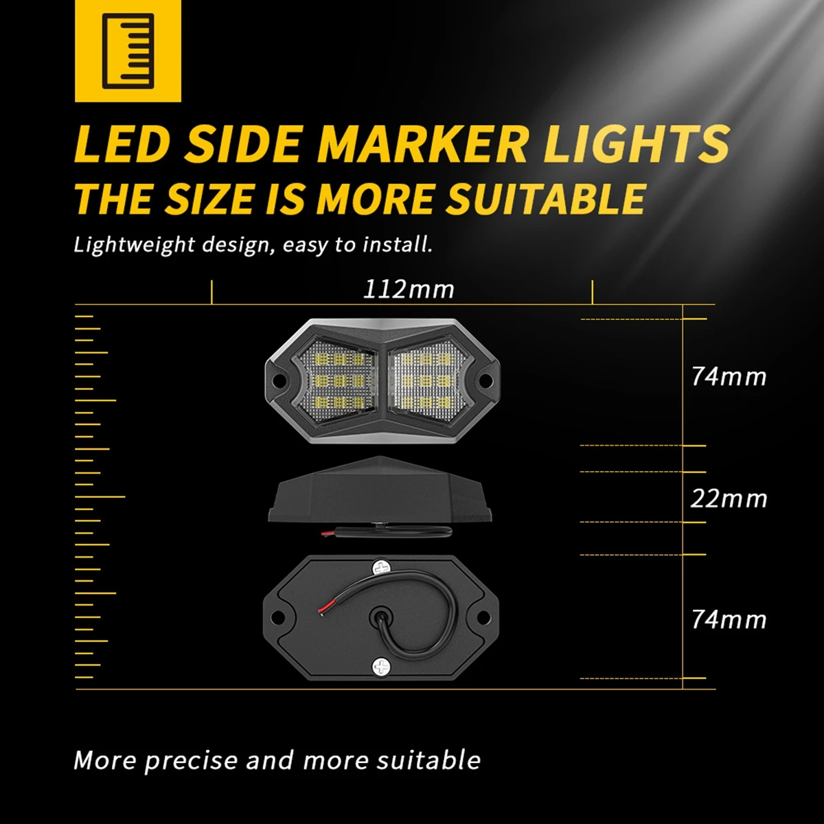 Yellow 210° LED Rock Marker Light IP67 Waterproof 24 SMD Chips 4M Extension Cable Dual Modes Flashing & Constant Light 6000K LED Rock Lamp For UTV SUV Truck Trailer