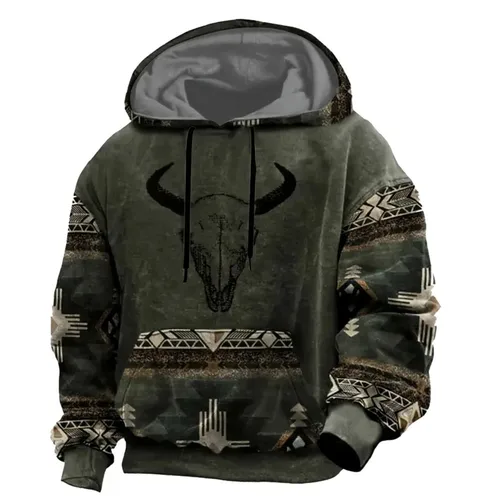 Sudadera con capucha con estampado geométrico 3D de estilo étnico Vintage para hombre, sombrero de vaquero, sudadera de manga larga con capucha, sudaderas con capucha de gran tamaño para hombre