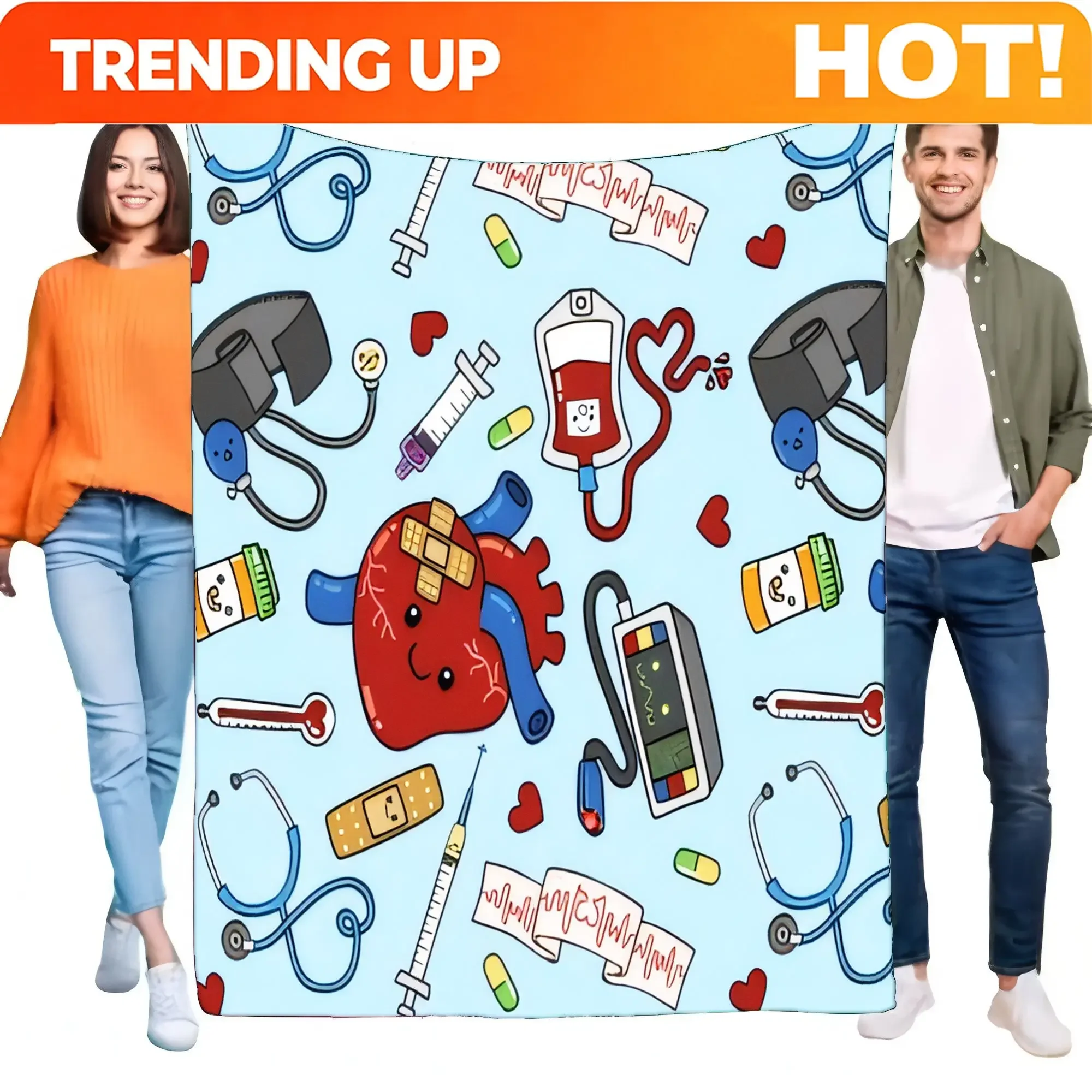 Custom Cartoon Medical Nurse Doctor Blanket With Stethoscope Heart Syringe Pattern. Soft Cozy Fleece Throw Gift For Healthcare P