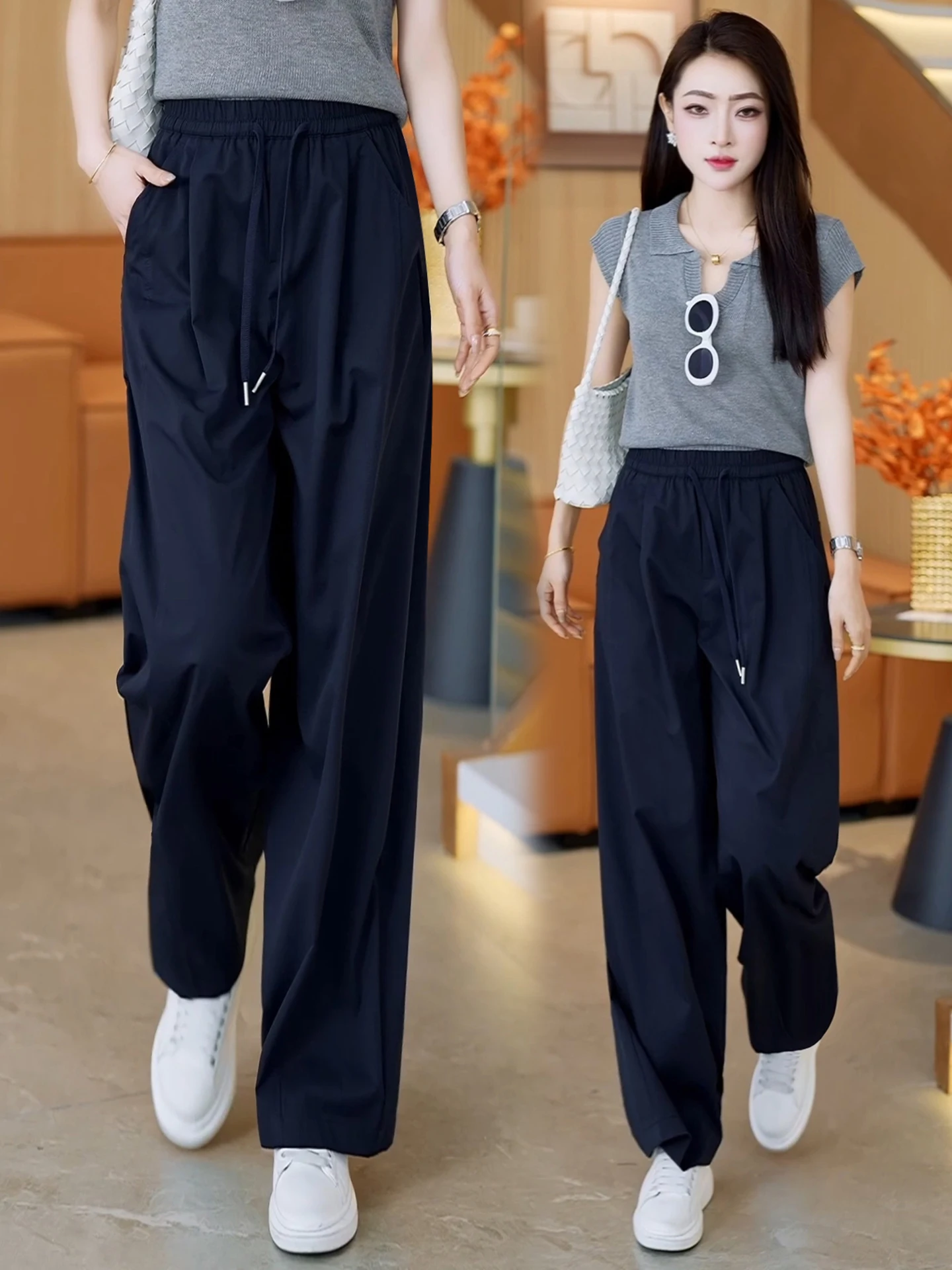 

High Waist Wide Leg Summer Thin Casual Pants Women's Loose Banana Shape Pants Elastic Waist Loose Fit Slimming Knife
