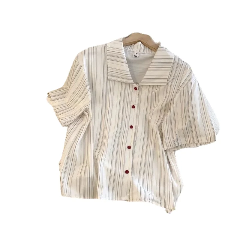 DAYIFUN-chemises à manches courtes à col polo rayé pour femmes femme Style Hong Kong Design rétro hauts en mousseline de soie Blouses d'été 2024