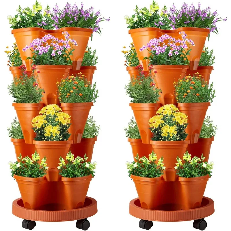 2 Set 5 Tier Stackable Planters Vertical Garden Planters for Strawberry Herb Flower and Vegetable Indoor Outdoor Gardening Pots