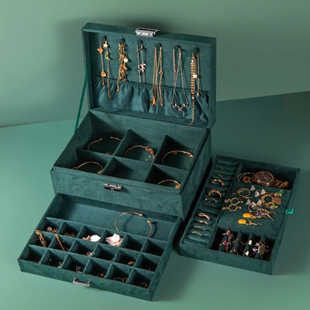 

Dark Green Jewelry Box 3 Tiers Suede Jewelry Organizer Case with Lock and Key 3-Layer Storage for Rings Earrings Watches