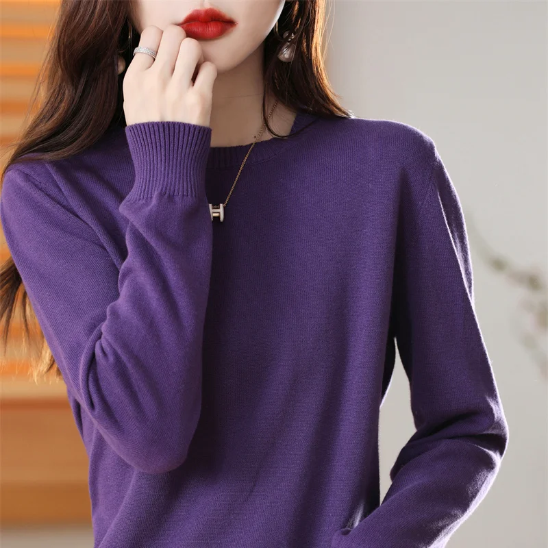 Women\'s 100% High-quality Cotton Knitted Sweater, Temperament Round Neck Top, Breathable And Versatile Pullover, Long Sleeved