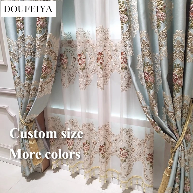 European Embossed Jacquard Blackout Vintage Green Velvet Cloth Thickened Curtains for Living Room Bedroom Dining Romantic Tulle