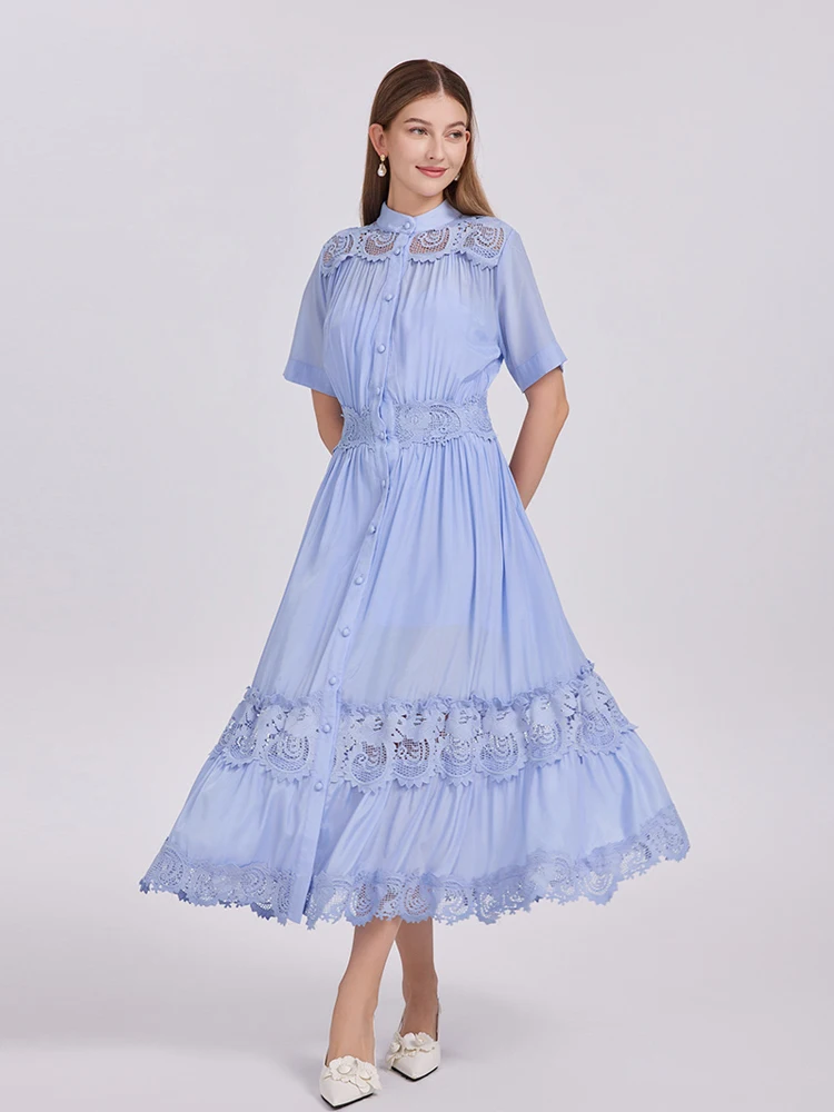 Fashion Hollow Out Lace Shirt Jurk Vrouwen 2025 Zomer Luxe Korte Mouw Vouw Midi Jurken Lady Vestidos Strand Inkeo 5D202