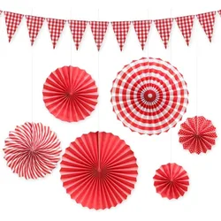 Red White Checkered Gingham Pennant Banners Hanging Paper Fans Flower for Picnic BBQ Birthday Wedding Outdoor Party Decoration