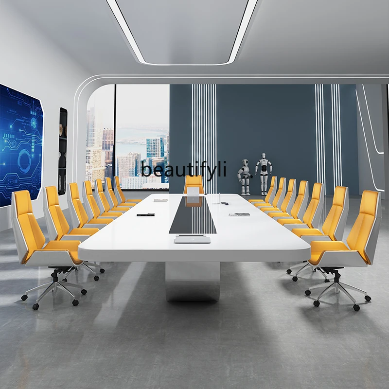 Simple and modern white large open conference table and chair combination training meeting room, painted conference table