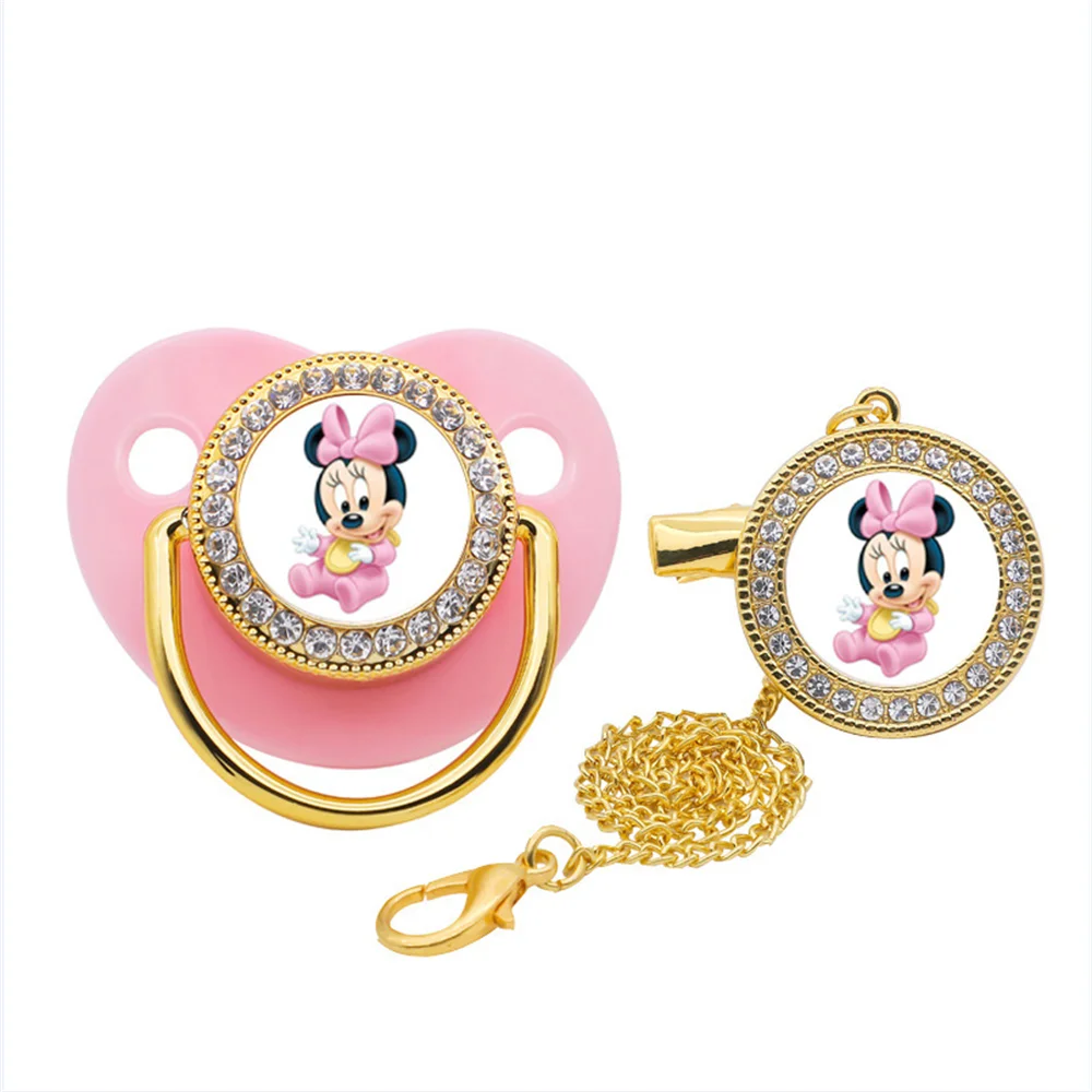 Pink Minnie Mouse Bling Baby Pacifier for Newborn Babies Rhinestones Disney Characters Print Pacifier Clips Dummy Holder Babies