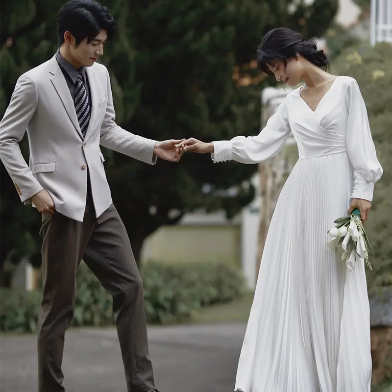 Легкое свадебное платье во французском стиле, элегантное простое атласное уличное платье с длинными рукавами для путешествий, обручальное платье для миниатюрного использования