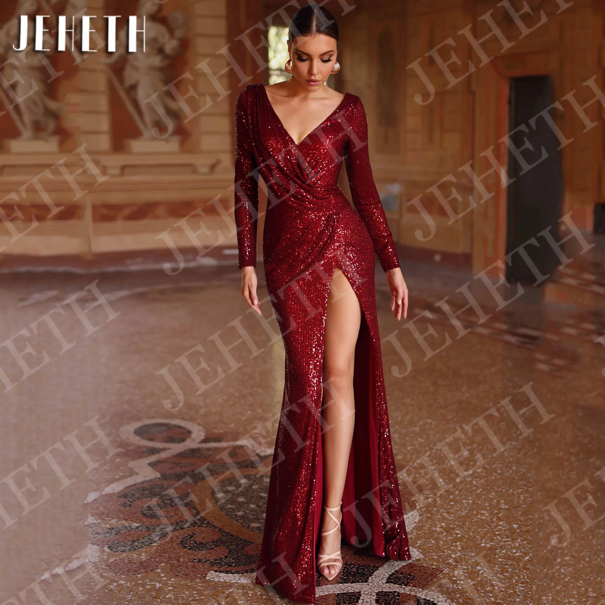 

JEHETH Long Sleeve Mermaid Evening Dress Floor Length Formal Sequin V Neck High Slit Prom Dresses Elegant Customized فساتين سهرة