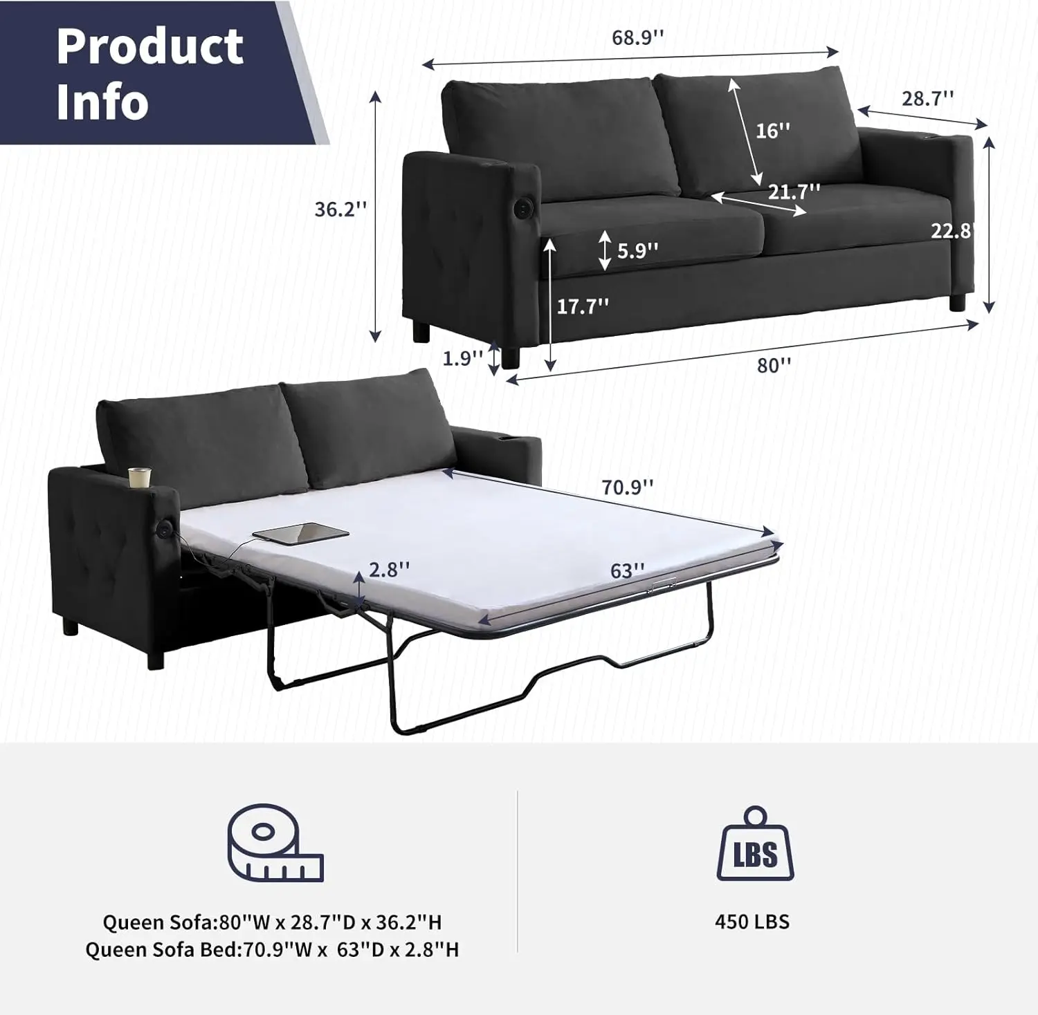 Muzz Pull Out Couch Bed, 2 In 1 Sleeper Sofa Bed With Cup Holder & Usb, Modern Velvet Sofa Bed With Foam Matress For Living