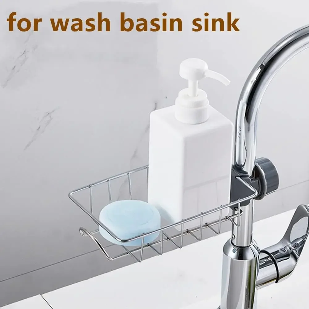 Adjustable rotatable faucet storage rack stainless steel hanging sink drain basket kitchen sponge soap brush holder