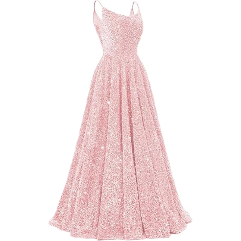 Robes de bal à paillettes personnalisées, longues robes de bal scintillantes, bretelles Spaghetti, ligne a, robe de soirée formelle avec poches, 2025