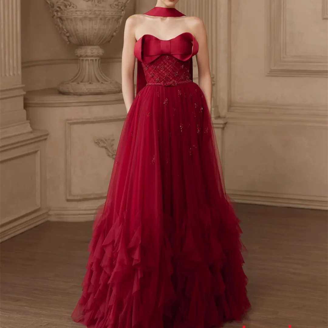 A-Linie Schatz-Abendkleider mit Perlenstickerei, formelle Geburtstagsfeier, lange Robe de Soiree, luxuriöse rote Ballkleider nach Maß