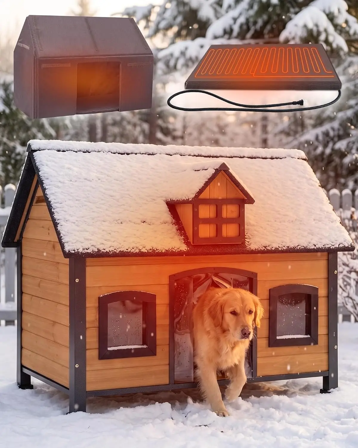 Heated Insulated Wooden Dog House Anti-Chewing Metal Frame Weatherproof Roof Outdoor Indoor, Customized