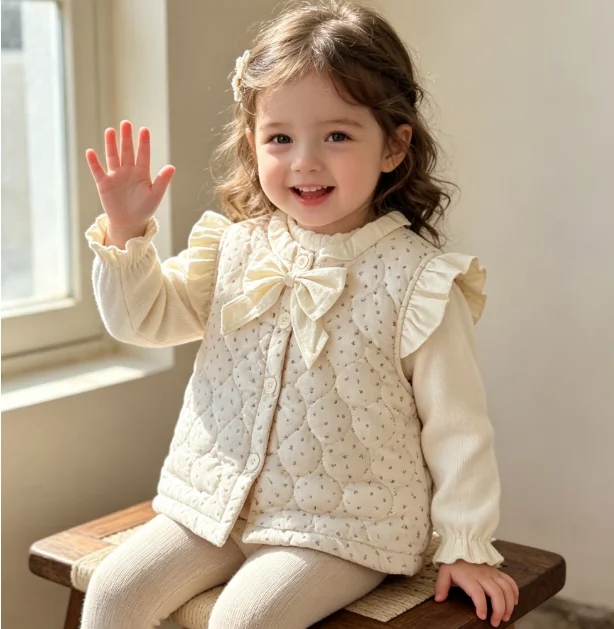 Girl Waistcoat 2026 Spring and Summer New Children's Clothing Korean Style Girl Baby Foreign Sweet Bow Broken Cotton Waistcoat