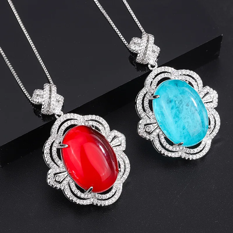 

2022 New Round Paraiba Stone Pendant Necklace Luxurious Lace Cubic Zircon for Women Jewelry Aesthetic Boho Vintage Anniversary