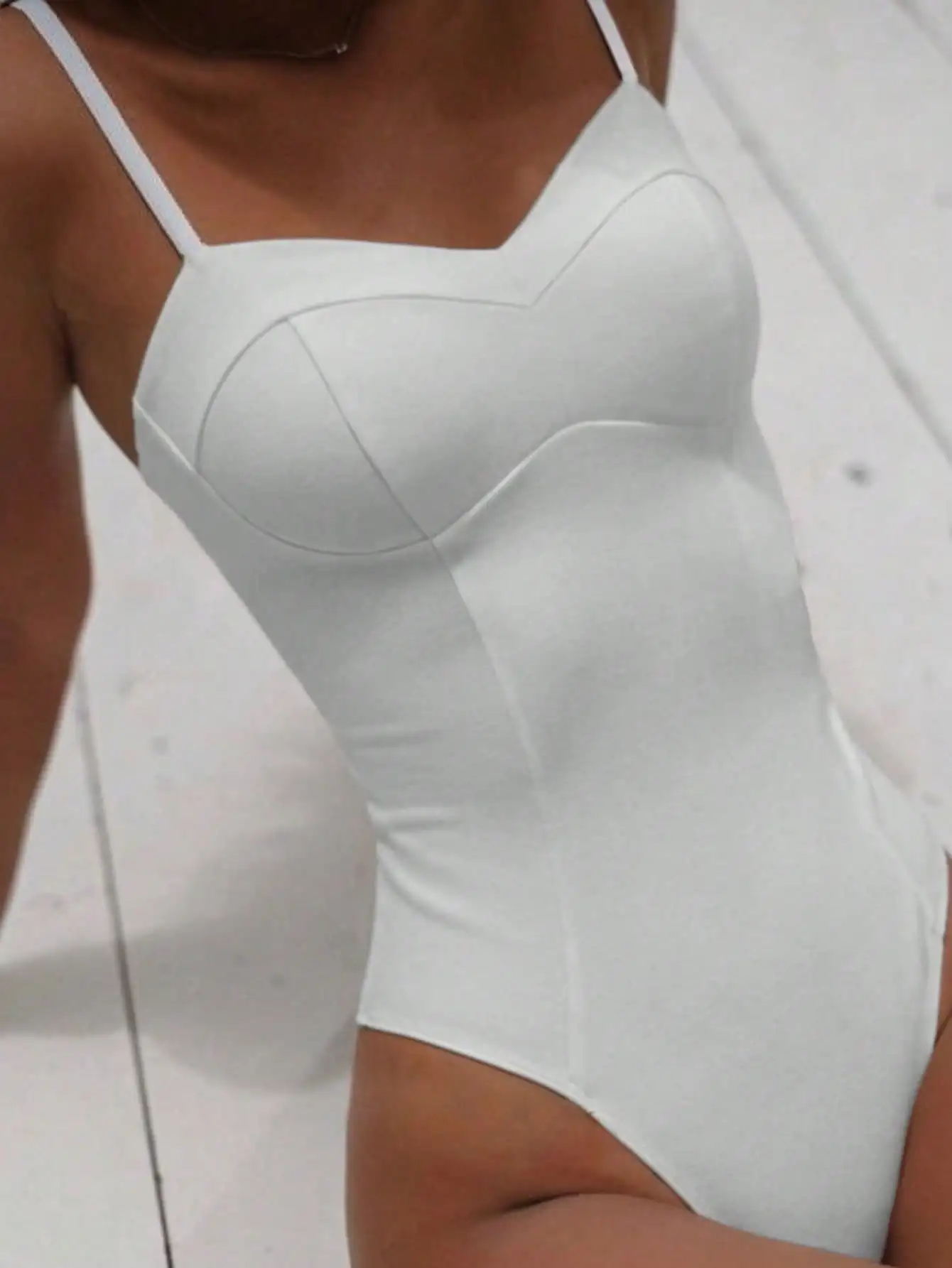 Women's Sweetheart Neck Spaghetti Strap Bodysuit Adjustable Thin Straps Seamed Bust High Cut One Piece Swimsuit