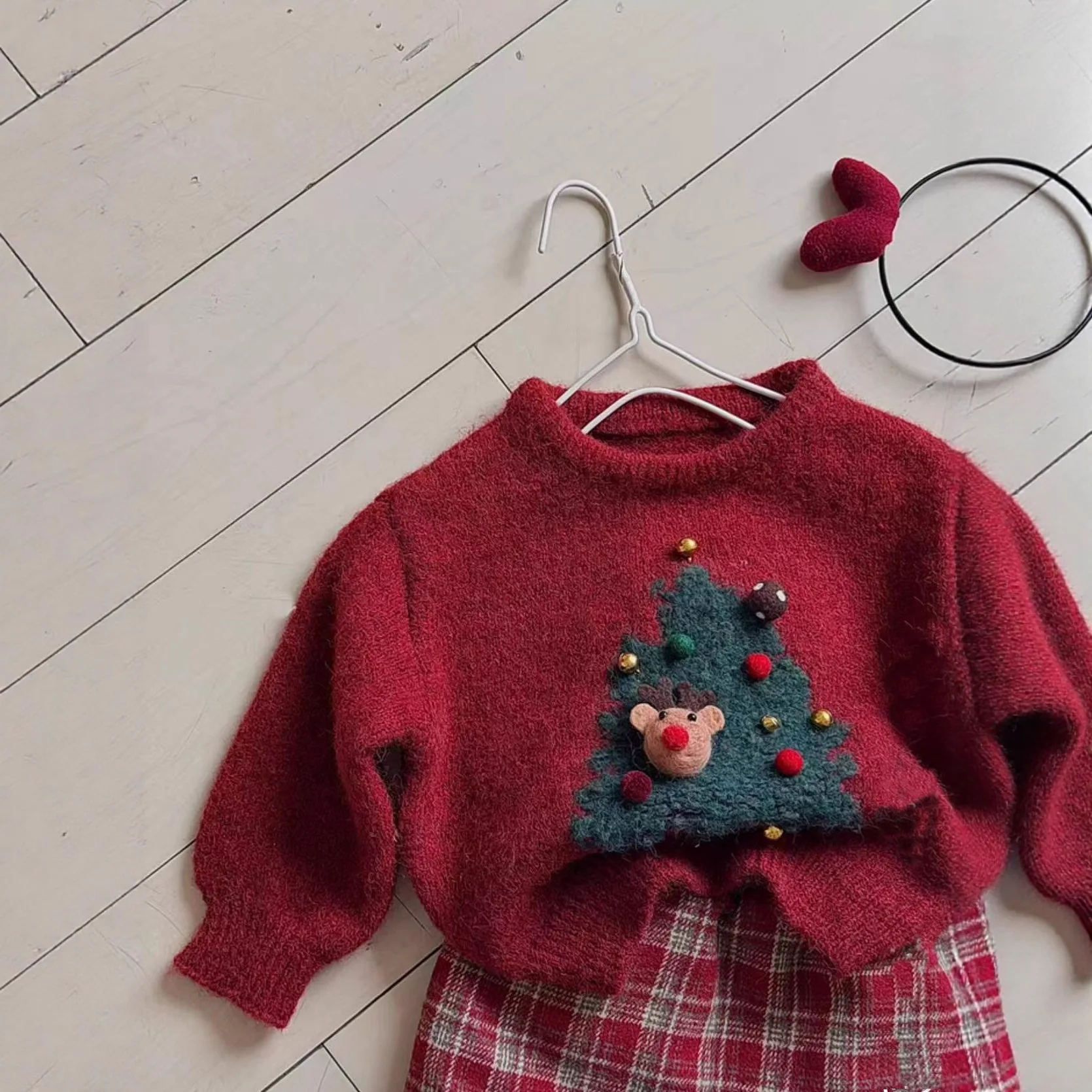 Girls Sweater 2025 Winter Children Hoodie Thickened Christmas and New Year Red Sweater Baby Checkered Half Skirt