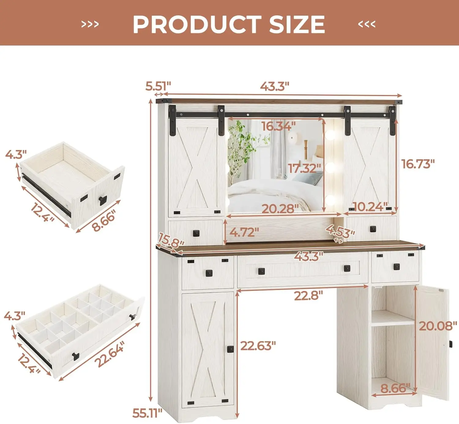 Vanity Desk with Lighted Mirror & Power Strips,with Sliding Barn Door Hidden Shelves & 5 Drawers & 2 Cabinets,Lights Adjustable