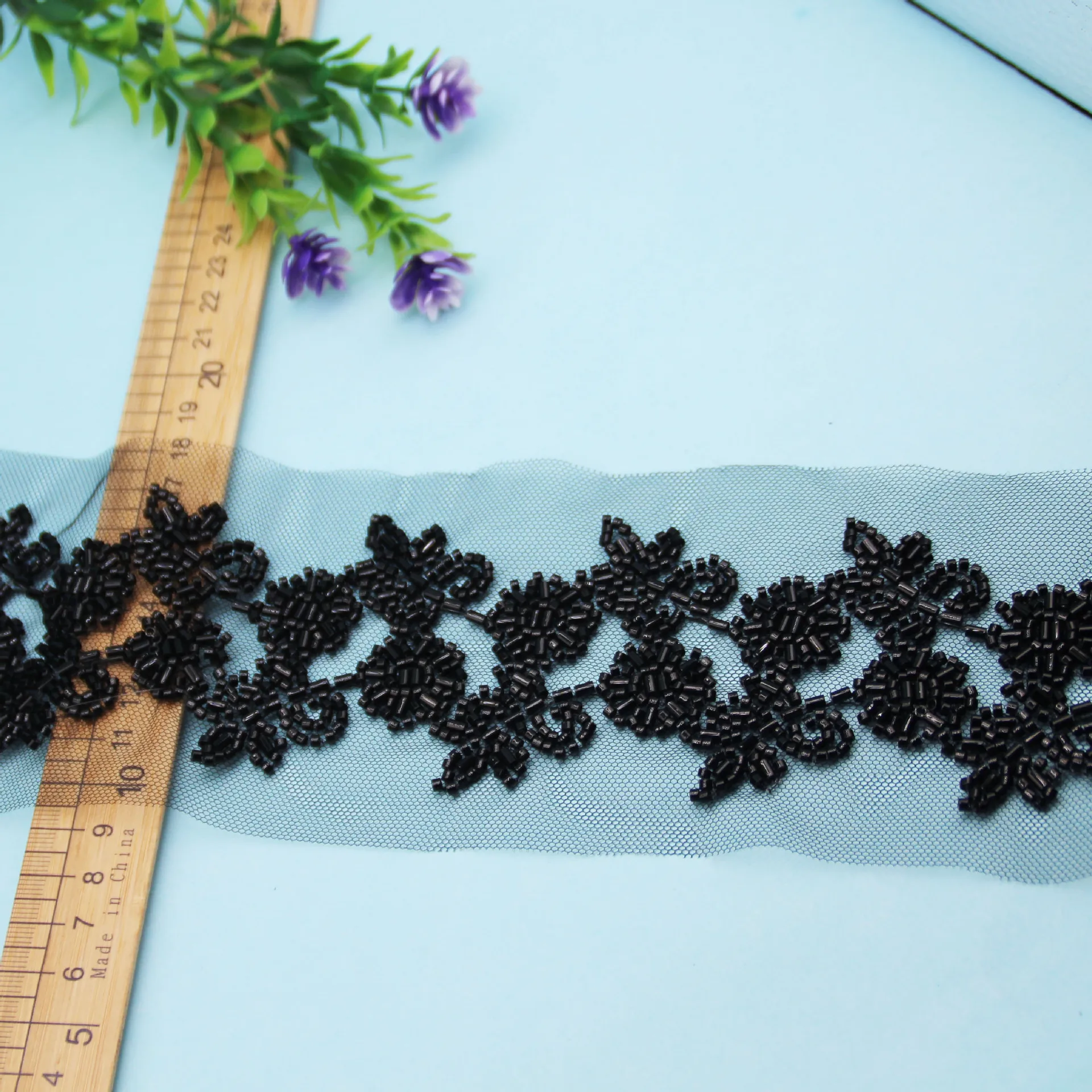 Black Flower Glass Bead Nail Bead Lace DIY Beaded Embroidered Lace Ribbon Ethnic Style Formal Dress Waist Chain Skirt Hem