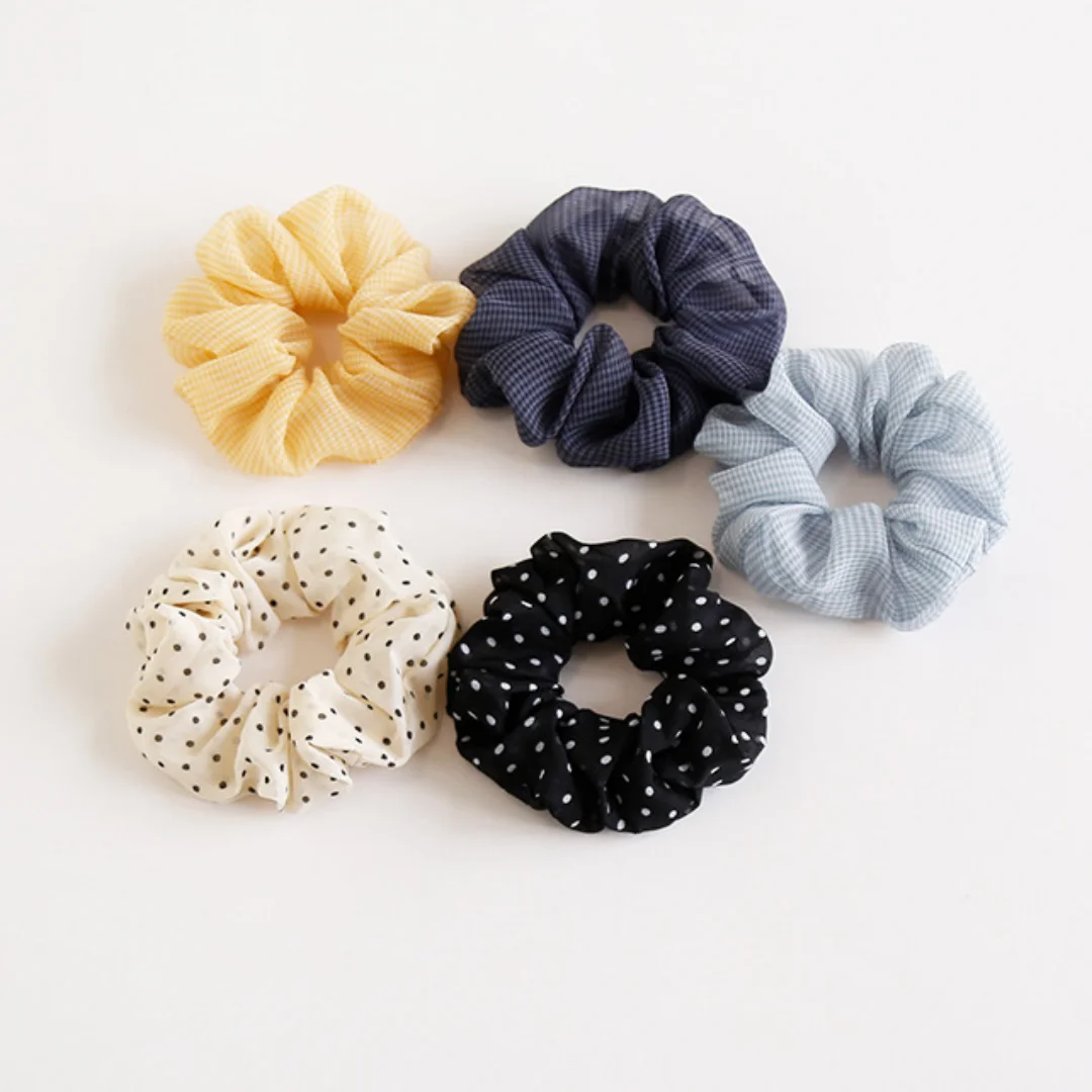 5Pcs Fresh Polka Dot Plaid Hair Ties Versatile Mesh Chiffon Scrunchies Basic High Elasticity Hair Bands Hair Ropes