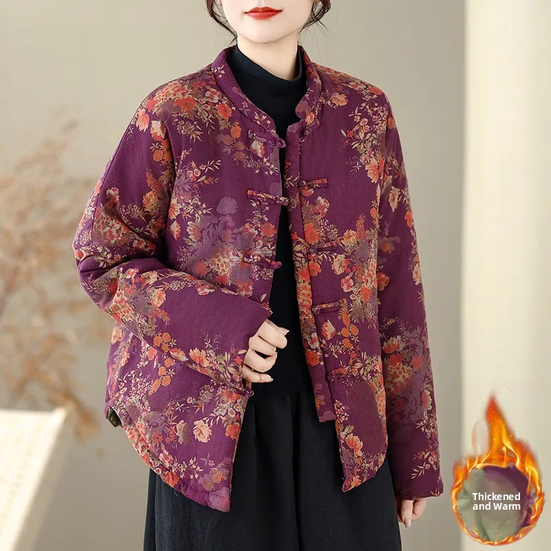 

Thiened Cotton Jaet Women's Winter Clothes Hanfu Cotton Linen Cotton Coat Long Sve ort Length Single Button Closure