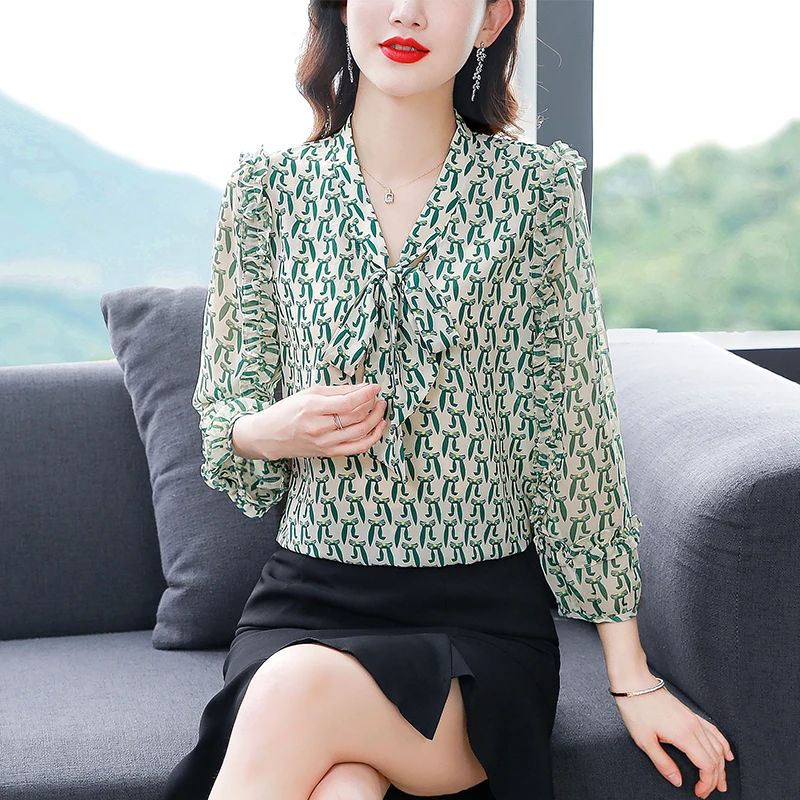 Elegant Fashion Bowknot Chiffon Shirt Summer Clothes New Fashion Printed Tops 3/4 Sleeve Women Blouse