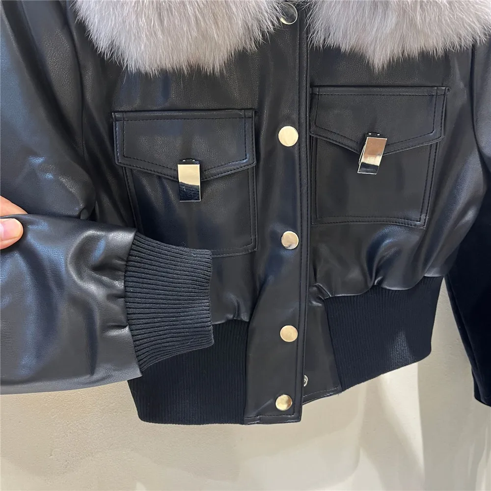 Abrigo de piel sintética con cuello de piel de zorro grande para mujer, Chaqueta corta a la moda, chaquetas coreanas de cuero para motocicleta,