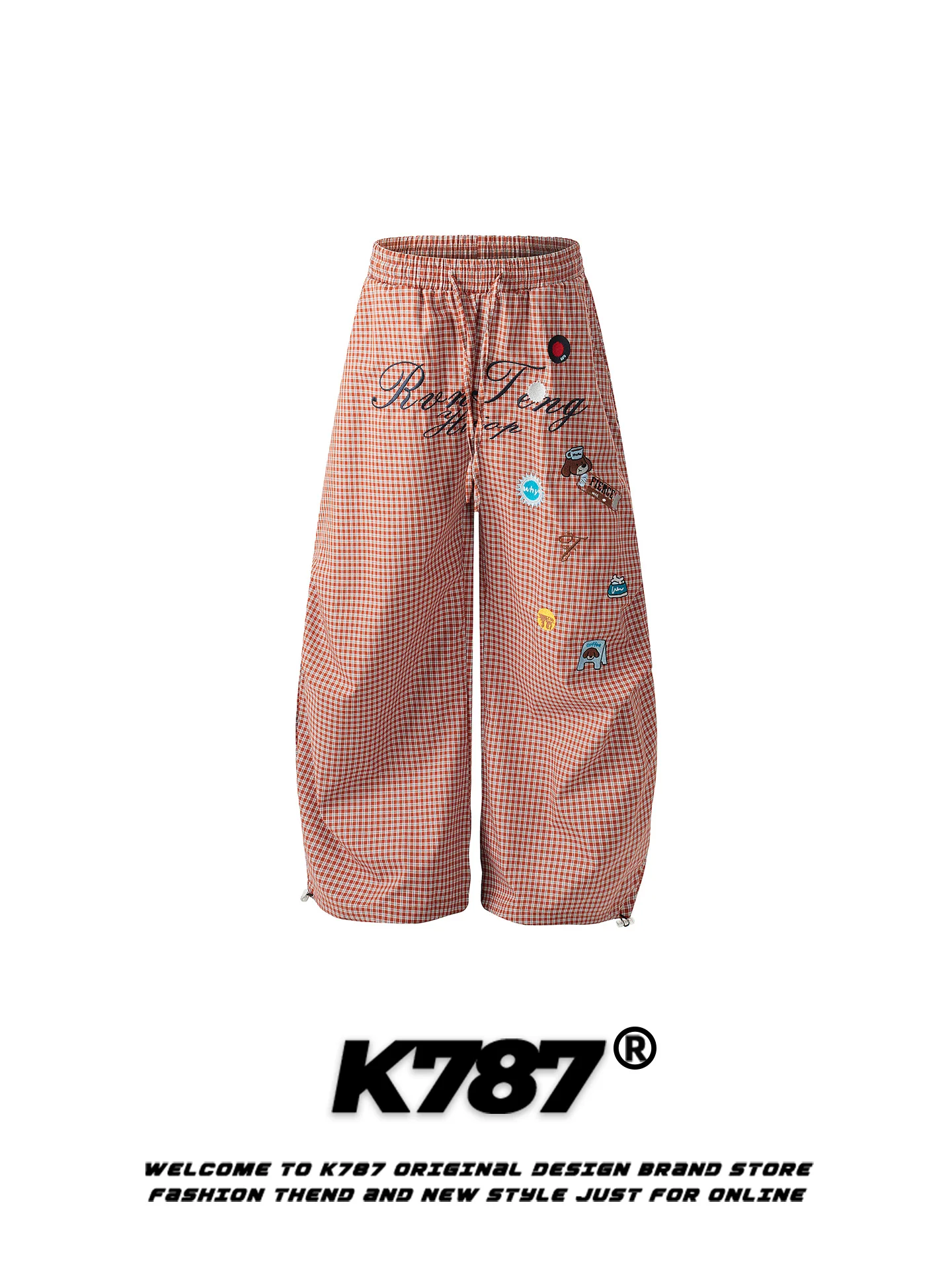 

K787 American Retro Cartoon Plaid Embroidery Casual Pants Women Loose Casual Lazy Style Age Reduction Wide Leg Pants