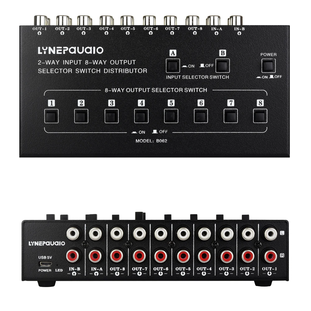 

2 In 8 Out Audio Signal Selection Switching Distributor 2 Groups of Mixed Input 8 Groups of Simultaneous Output RCA Interface