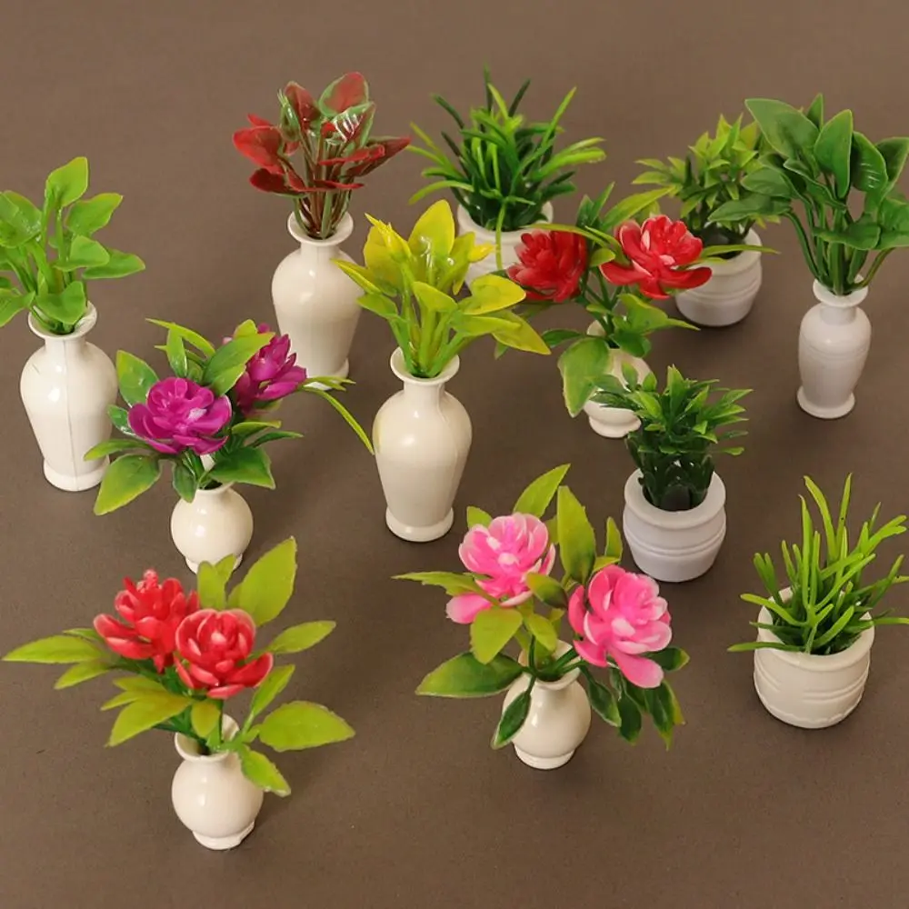 1:12 Dollhouse Miniature Mini Plastic Simulation Vase Green Plant Finished Flower Outdoor Doll House Model Accessories