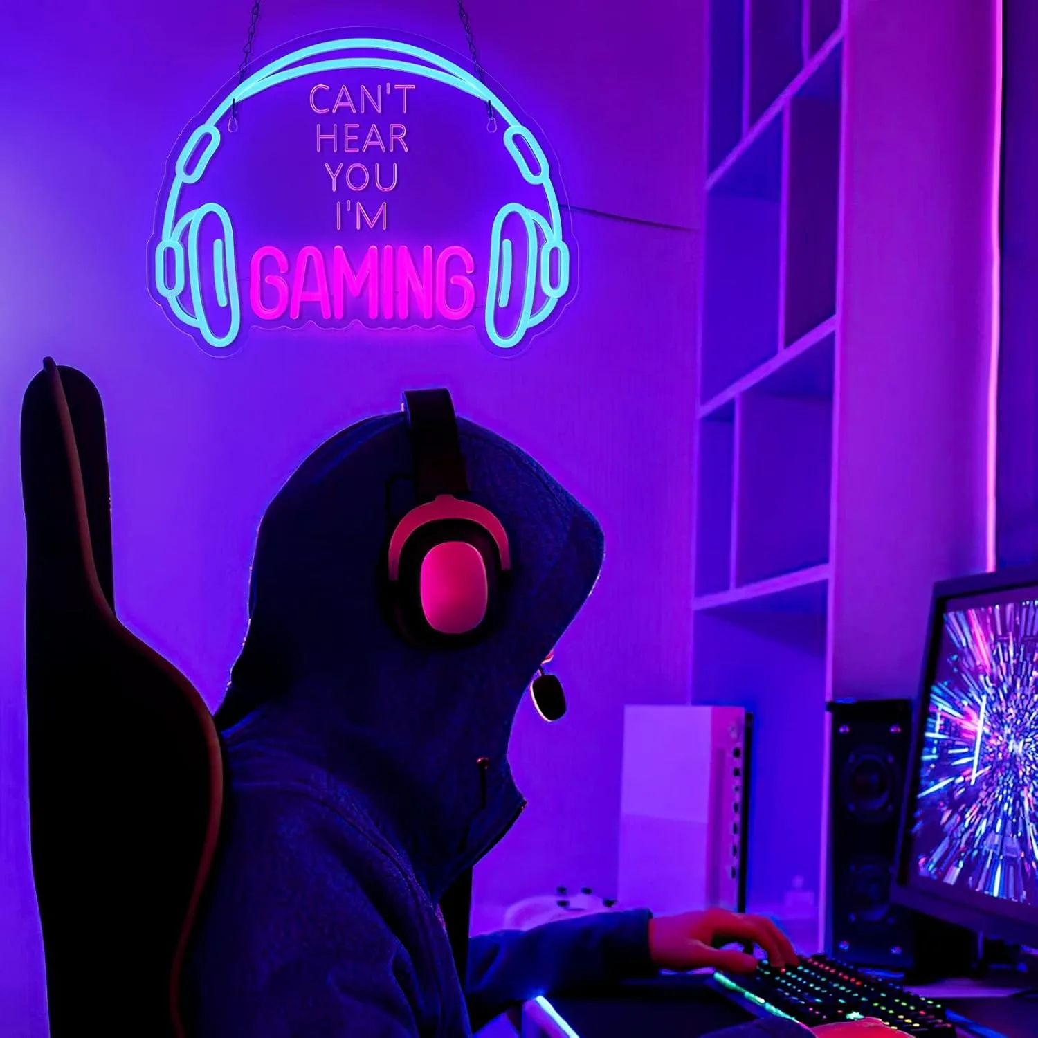

Neon Sign Light Board for Wall Decor,Large Bright and Dimmable Colored LED Headset Gamer Neon Light CAN'T HEAR YOU I'M GAMING