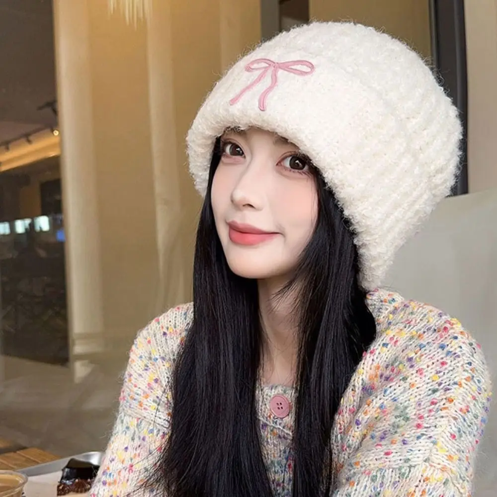 Casual Solid Color Bow Knitted Hat Wool Hat Korean Crochet Basin Cap Warm Cap Jennie Style Knit Beanie Outdoor