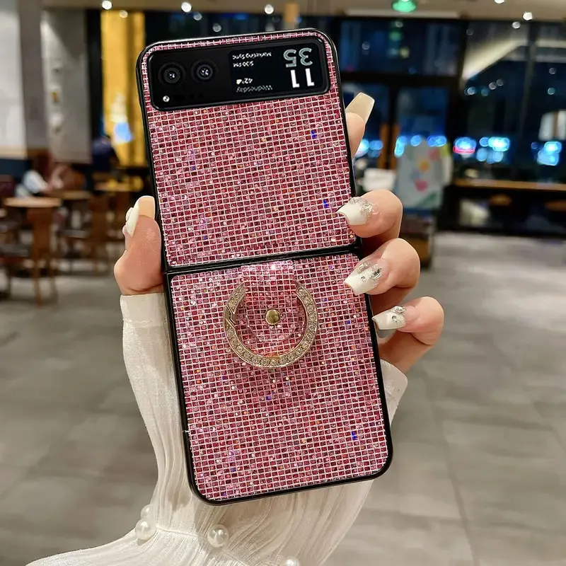 Glänzende bunte Pailletten-Leder-Handyhülle mit Strass-Ring-Schnalle für Moto Razr 40 40 Ultra Sparkling Lattice Hard PC Cover