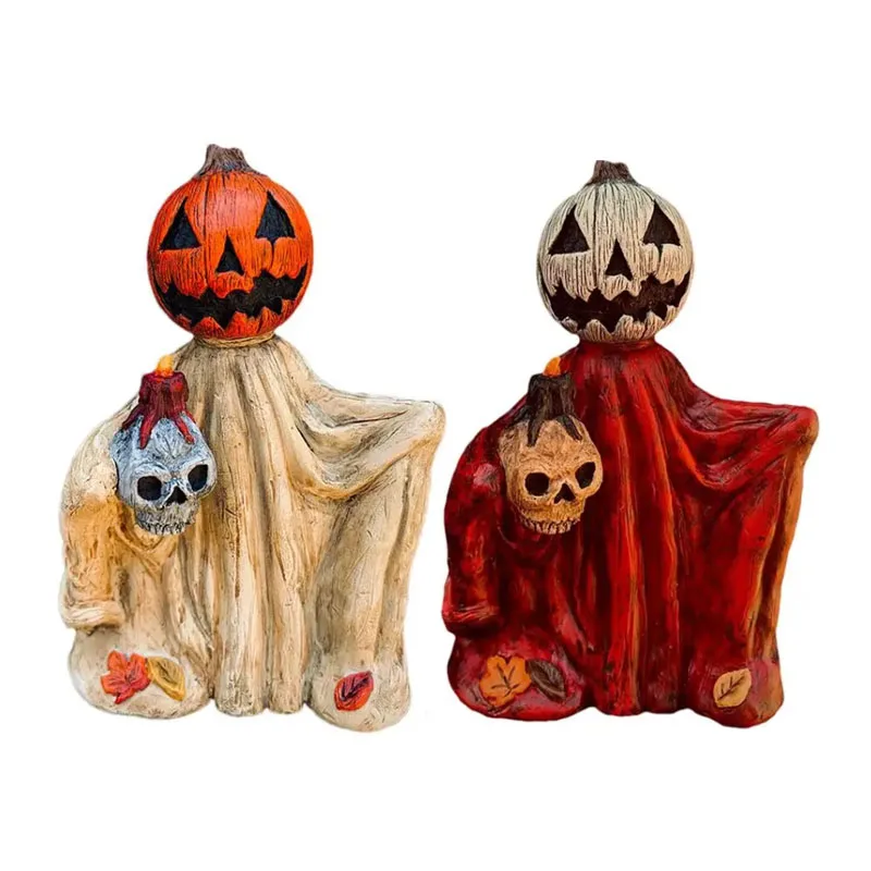 

Pumpkin Head Skeleton Figurine with Ghost Robe Halloween Party Pumpkin Skull Decoration Horror Collectible Decoracion Gift