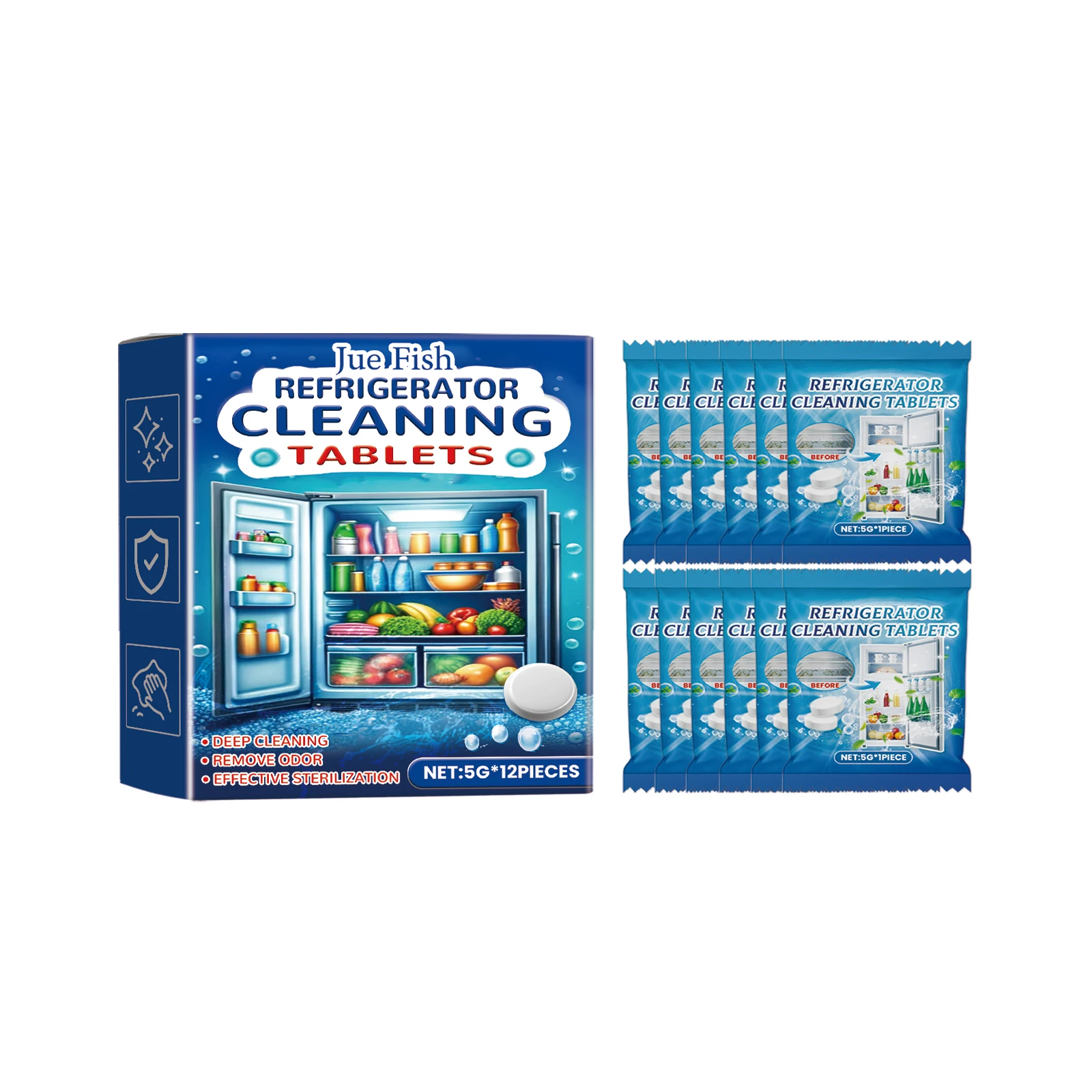 

Jue-Fish refrigerator cleaning effervescent tablets, kitchen oil and odor removal multi-purpose cleaning tablets