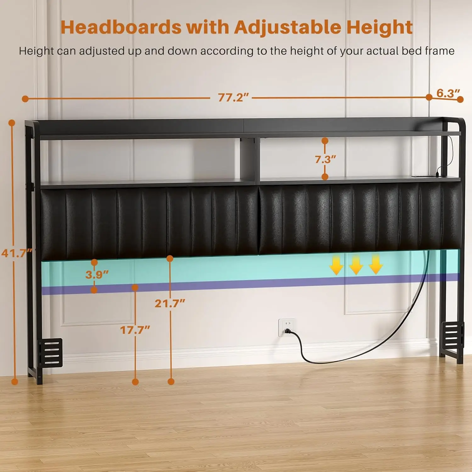 Headboard for King Size Bed Frame, Upholstered Headboards w/ Outlets, USB Ports and LED Light, Leather Head Board w/ Storage,