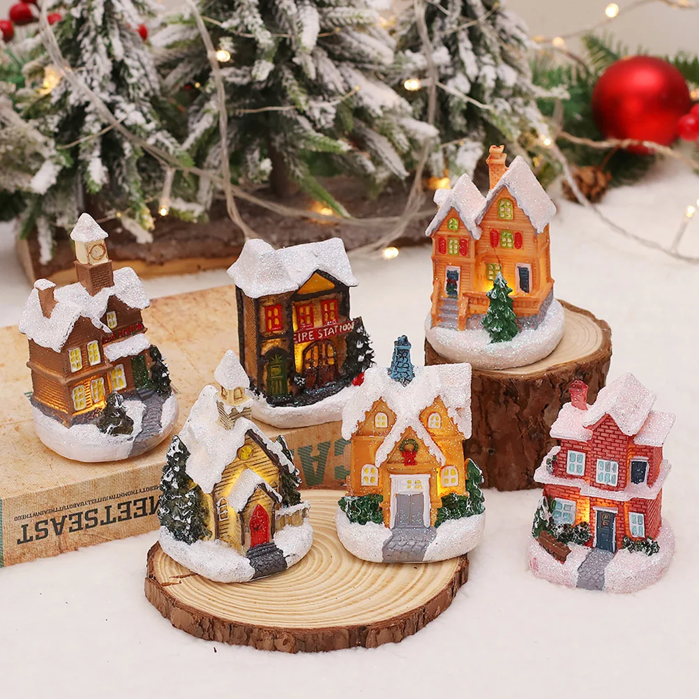 

6 Pcs Lighted Resin Snow House Christmas Village Decorations Operated Miniature Garden naments Holiday Gifts Christmas