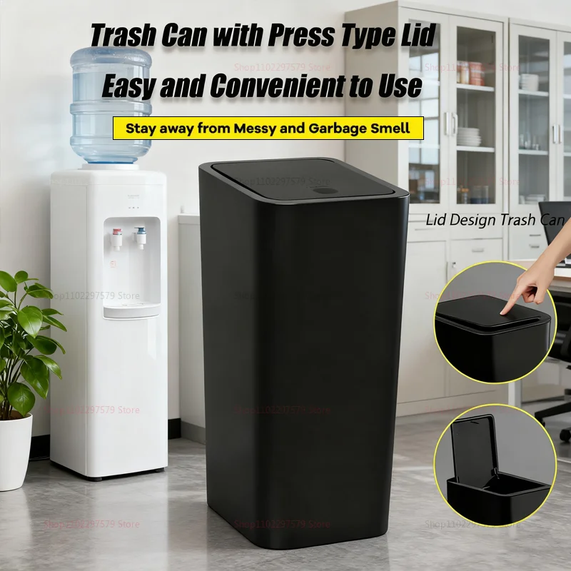 سلة مهملات حمام سوداء صغيرة سعة 10 لتر للمطبخ وغرفة النوم والحمام وصندوق إعادة تدوير نفايات الطعام بلمسة واحدة وخفيف الوزن ومتين