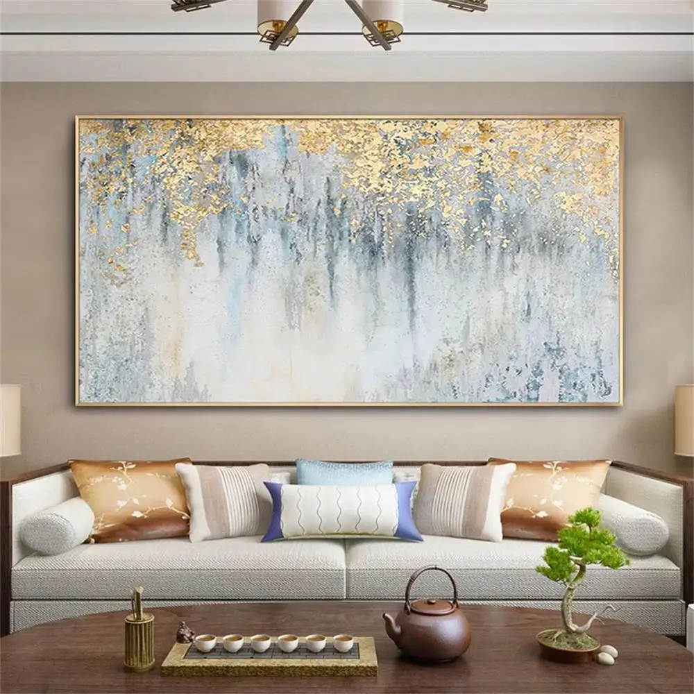 

Custom Hand Painted 3D Modern Textured Blue Green Gold Abstract Oil Painting for Home Wall Living Room Bedroom Art Decor