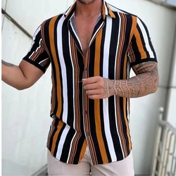 New Men Shirt Fashion Striped 3D Print Short Sleeve Tees Summer Beach Shirt Turn-down Collar Button Casual Blouse Men's Clothing