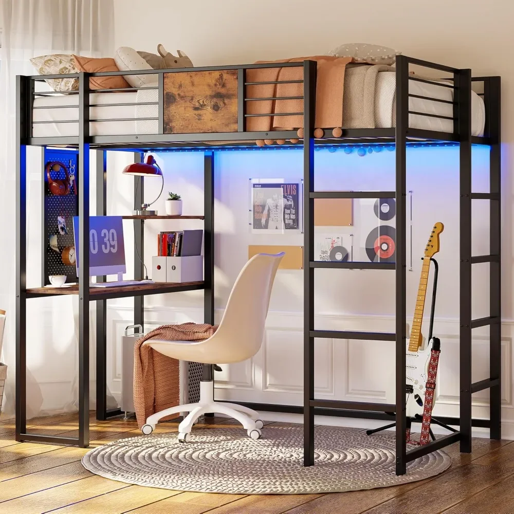 Loft Bed Twin Size Met Bureau En Planken Voor Tieners Volwassen, Loft Bed Frame Met 2 Ingebouwde Ladders, Ruimtebesparend, Lawaai Vrij, Zwart